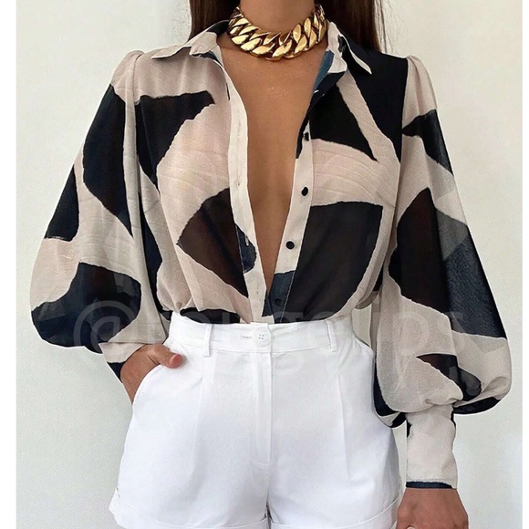 Beige Sheer Abstract Print Button Up Shirt Long Bishop Sleeve - Picture 1 of 7